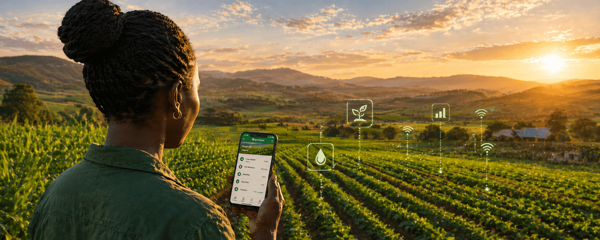 Farmer using the My Farm Automation app overlooking fields with AI data overlays at sunset