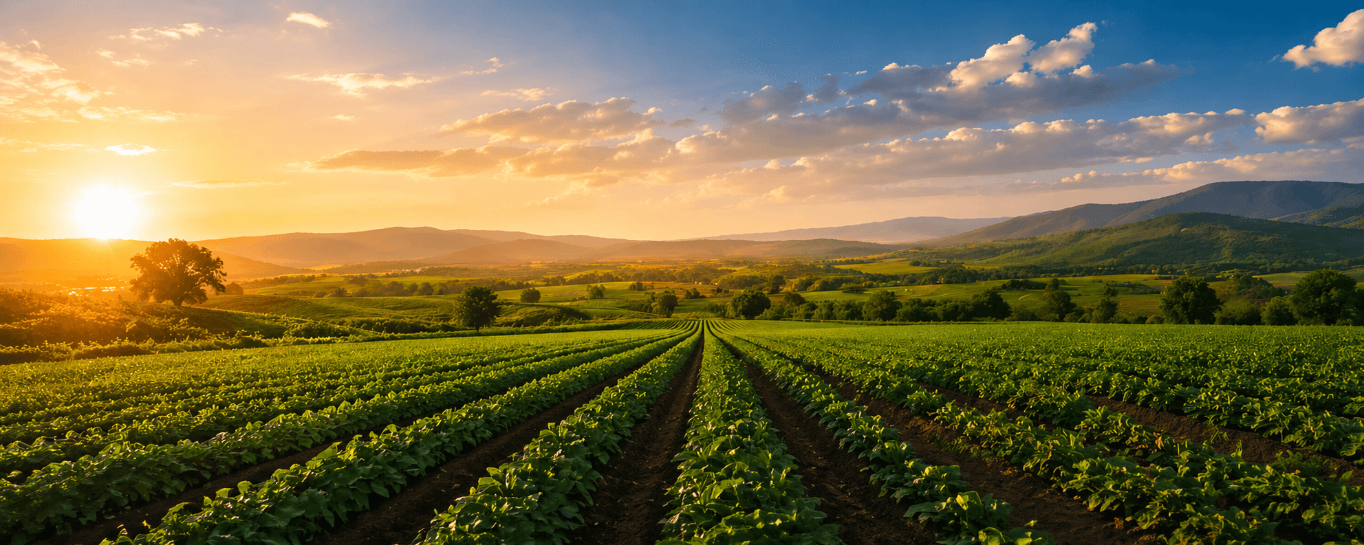 Sweeping view of organised crop rows stretching toward mountains at golden hour